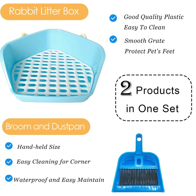 kathson Rabbit Litter Box Pet Toilet Cage Box Potty Trainer Corner with Small Animal Cage Cleaner Broom Brush Dustpan for Bunny Chinchilla Guinea Pig Ferret(Blue) - Image 3